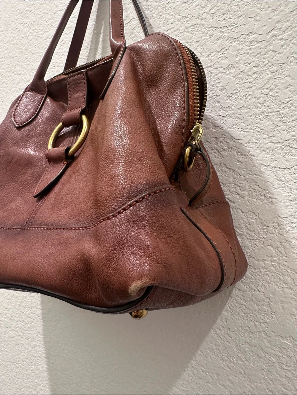 Frye Melissa Brown Leather Satchel Dome Handbag Cognac Ring Detail‎